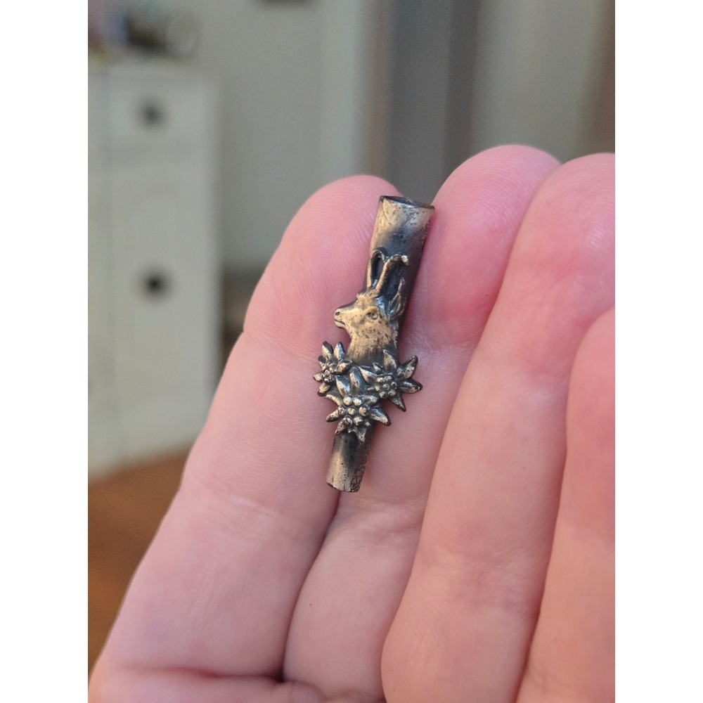 Antique German STAG Gamsbart Holder Silver Pin Brooch Oktoberfest Hunting Hat